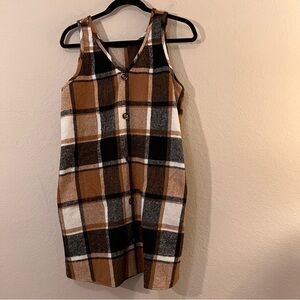 Stylish Brown Black Plaid Sleeveless Mini Dress Button Detail with Pockets L